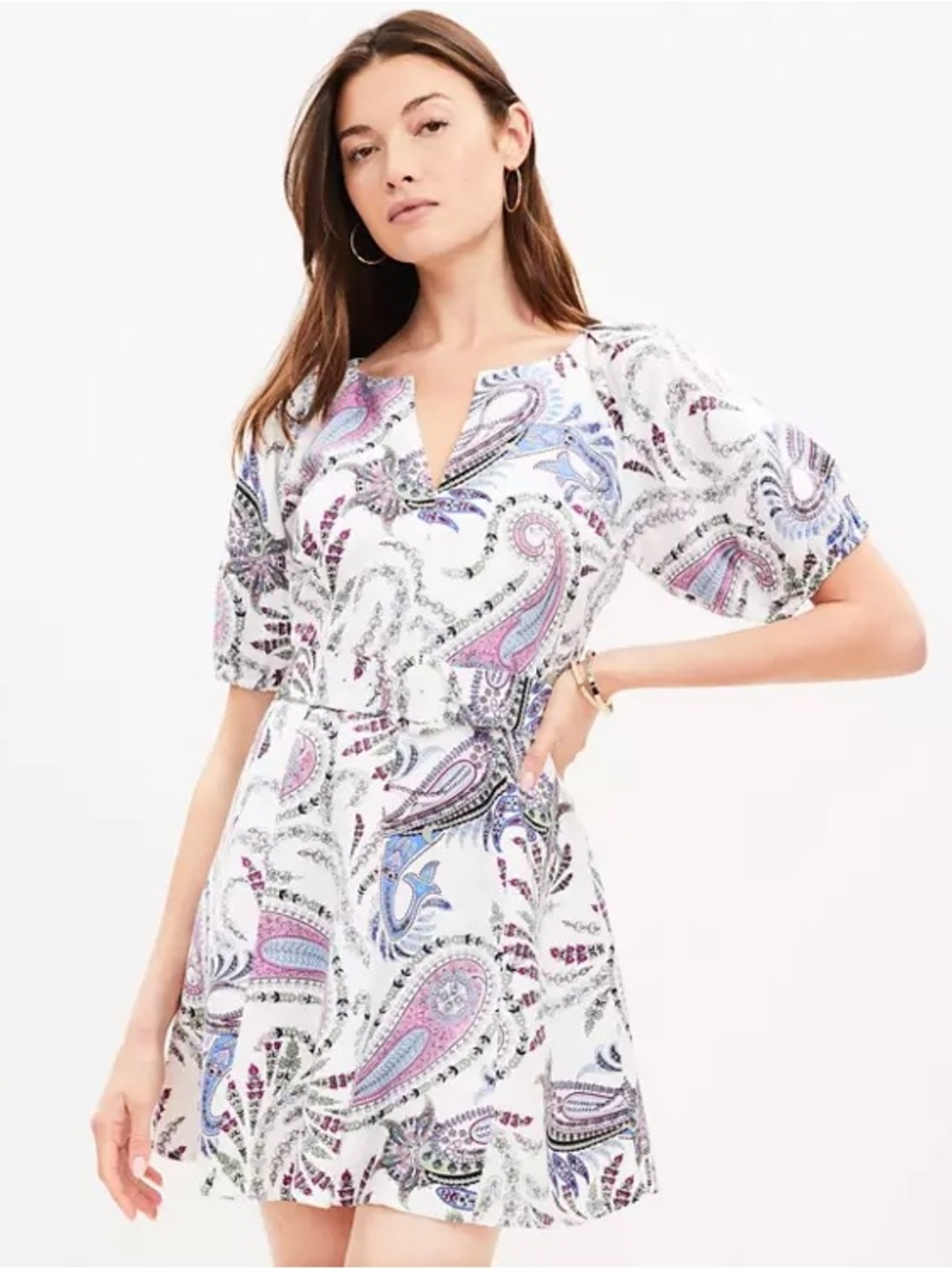 White Paisley Print Belted Mini Dress